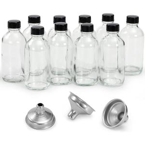 10 Pack, 4 oz Small Clear Glass Bottles w/ Lids & 3 Stainless Steel Funnel - 120ml Boston Round Sample Bottle for Potion, Juice, Ginger Shot, Wellness, Oils, Whiskey, Liquids - Leakproof Travel Bottle