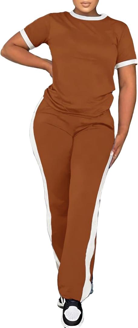 PINSV Women's 2 Piece Outfits Short Sleeve Tops Sweatpants Colorblock Bodycon Lounge Sets Tracksuit (X-Large, Brown)