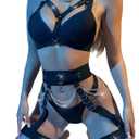 Sexy Lingerie Set For Women With Garter Belt 5 Pieces Strappy Bra and Panty Set Adjustable With Chain (3XL, Black)