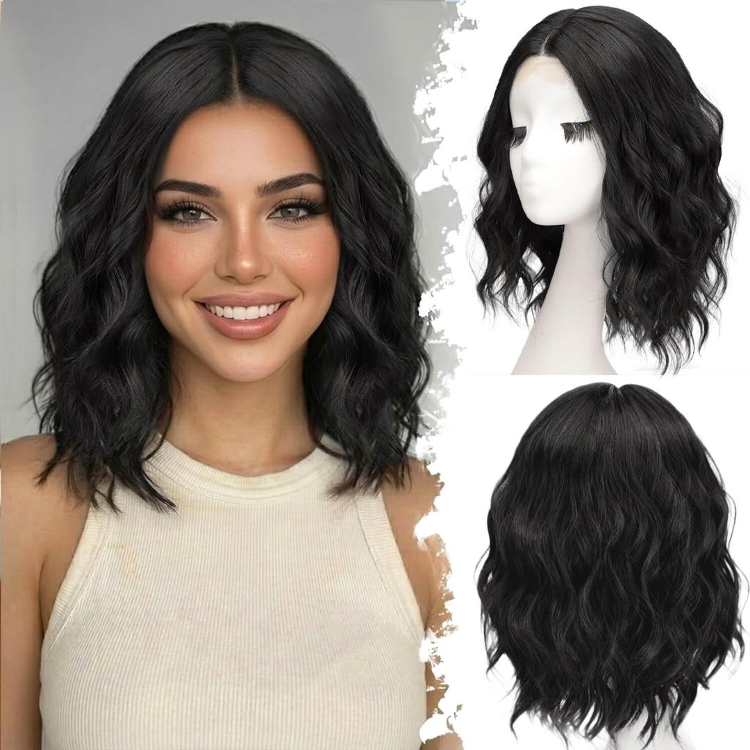 Eawwii Black Short Wavy Wig for Women Lace Hairline Bob Style Synthetic Heat Resistant - Natural Appearance for Everyday Hairstyle 14 Inch