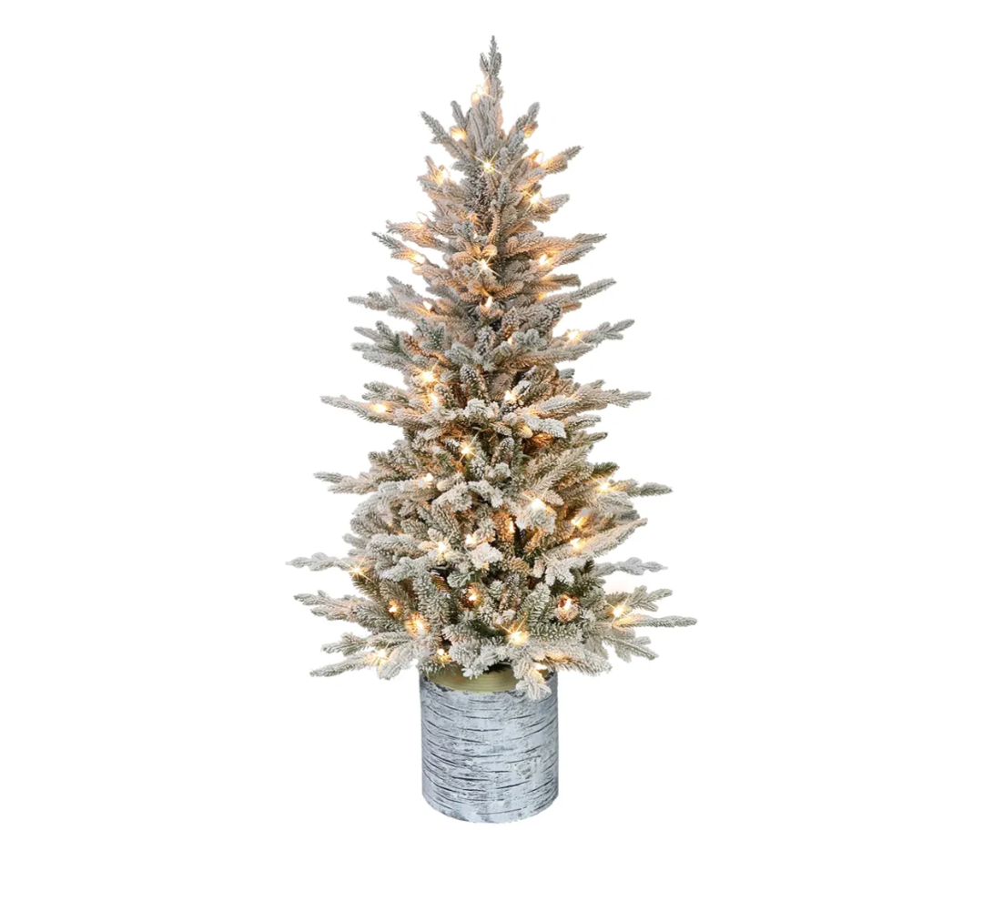 Puleo International 4.5ft Pre-Lit Potted Flocked Arctic Fir Christmas Tree with 70 Clear Lights, 419 Realistic Dense Branch Tips, Easy Setup Artificial Trees with Sturdy Metal Stand