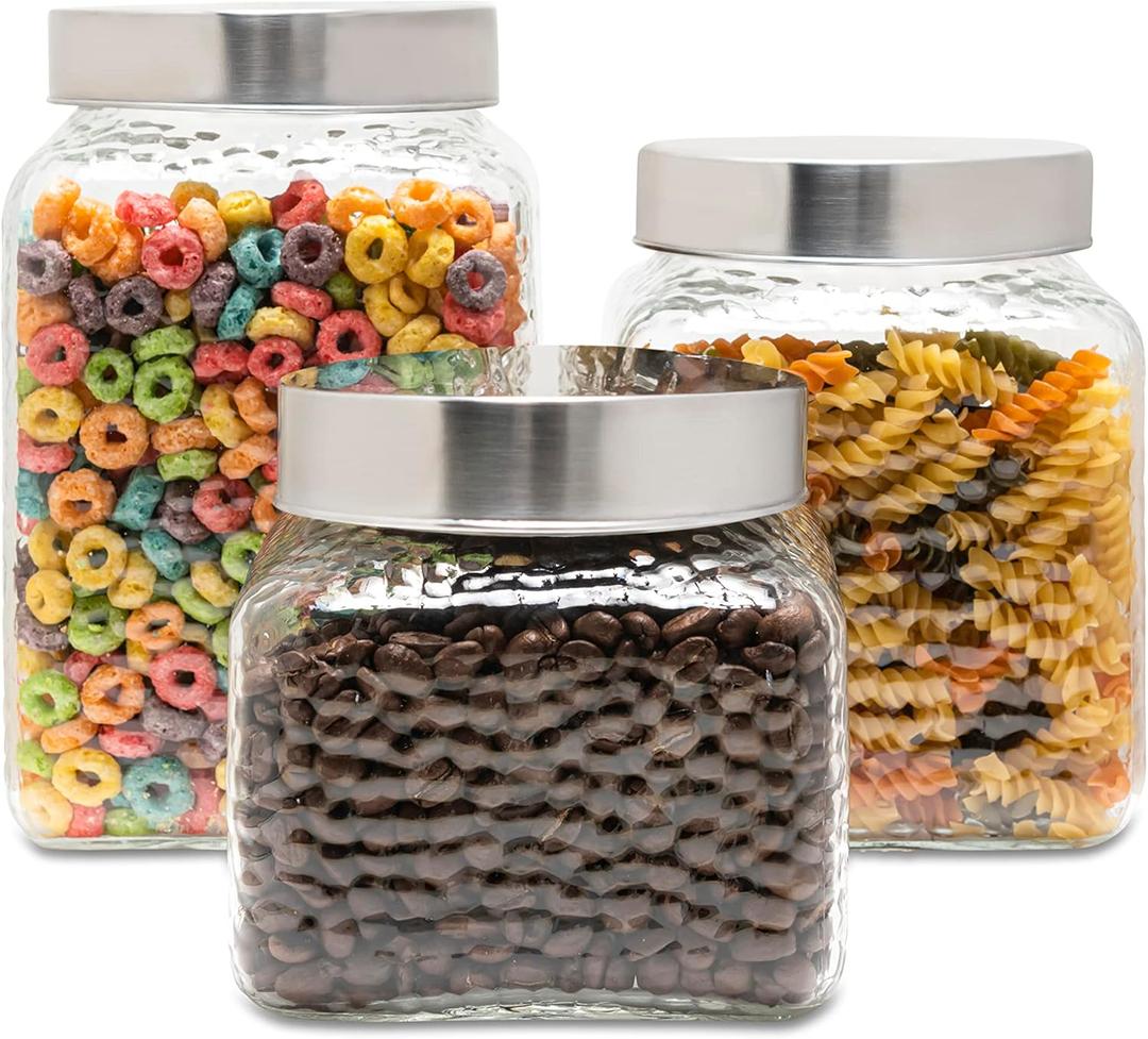 Style Setter Square Canister Set 3-Piece Glass Jars in 43, 64 and 75 ounces Chic Retro Design with Airtight Stainless Steel Lids for Cookies, Candy, Coffee, Flour, Sugar, Rice, Cereal Hammered