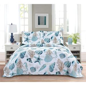 3-Piece Reversible Nautical Theme Bedspread Coverlet Queen(90x90 Inches),Blue-Green Seashells Coral Beach Bedding Sets,Lightweight Quilt Set Bed Cover,Coastal Bed Set for All Seasons(Cyan,Full/Queen)