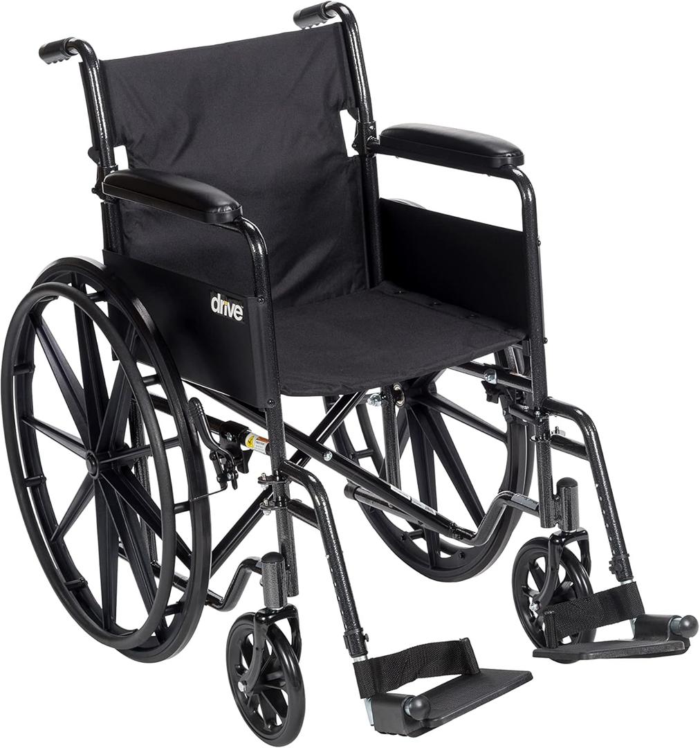 Drive Medical Silver Sport 1 Folding Transport Wheelchair - Lightweight Mobility Support - Full Armrests - Removable Swing-Away Footrests - Durable Steel Construction - Compact Folding Frame - Black