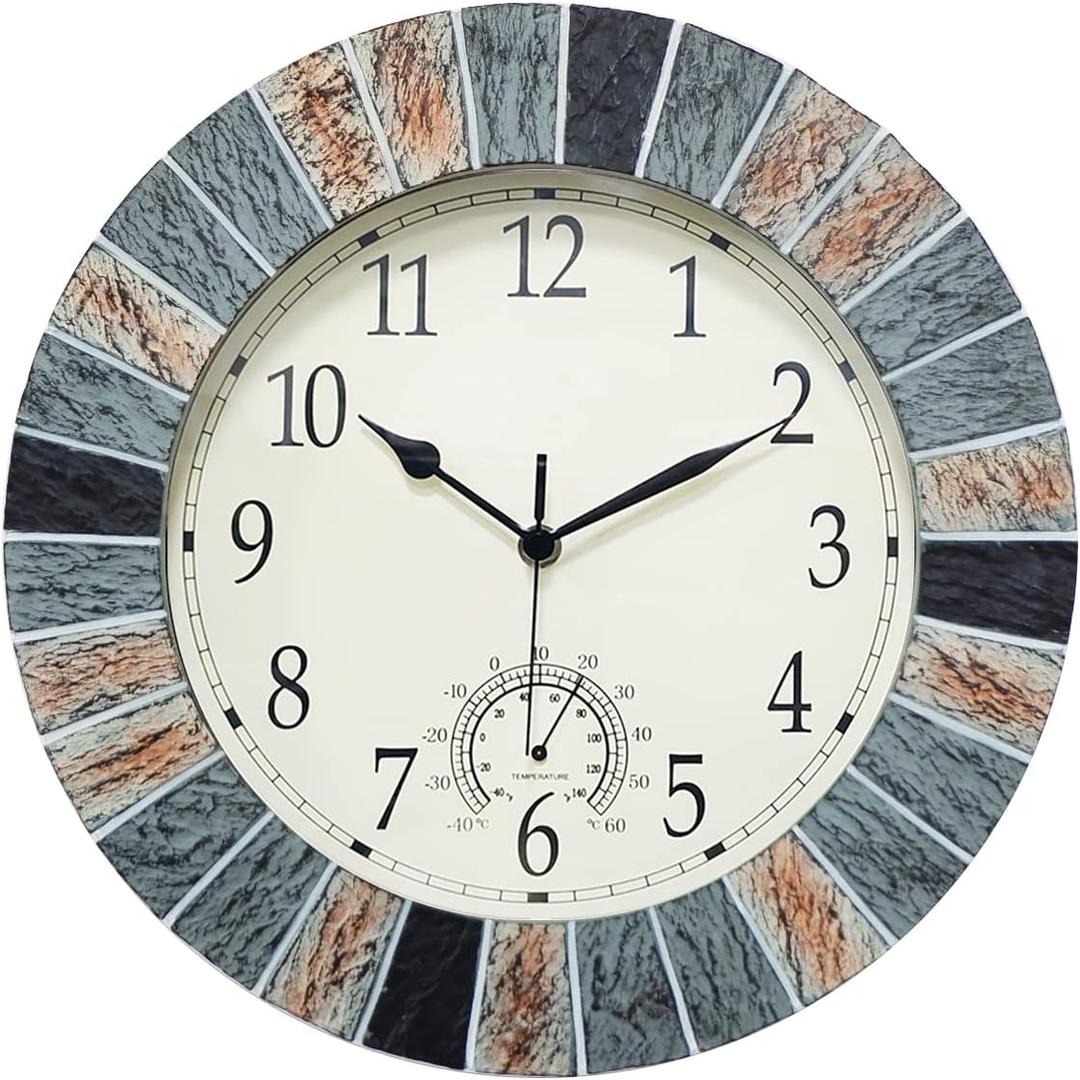 UMEXUS Outdoor Clock with Thermometer, 13 Inch Retro Large Waterproof Wall Clocks Indoor Silent Non-Ticking Battery Operated Weatherproof Decor for Garden Kitchen Bathroom Mother Gift (Marble Brown)