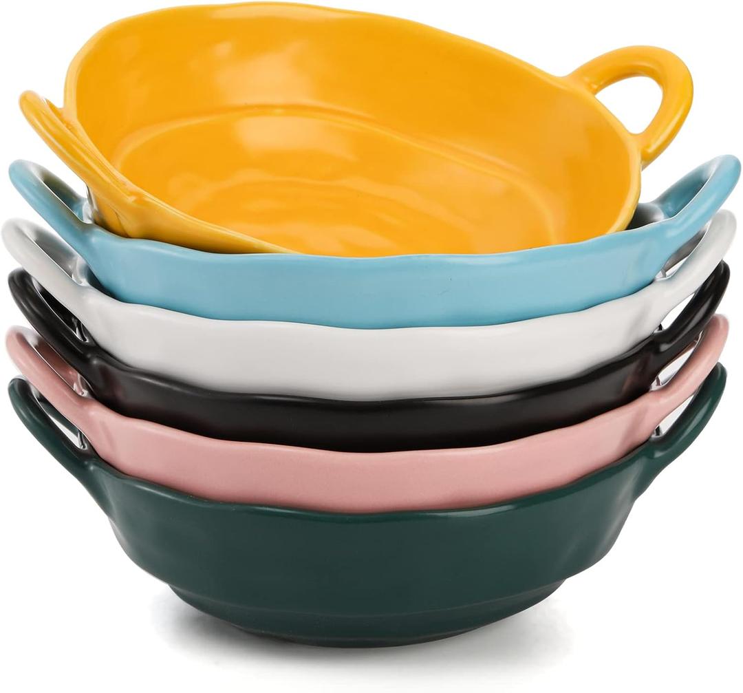 SOUJOY Set of 6 Ceramic Soup Bowl, 20oz Individual Salad Bowls with Handles, Irregular Shape Colorful Cereal Bowl for Soup, Pasta, Ice Cream, Fruits, Dessert, Appetizer, Rice, Matte Glazed