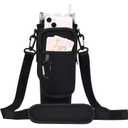 Water Bottle Holder with Strap for Stanley 40 oz Tumbler, Initial W Water Bottle Carrier Sling Bag with Pouch Phone Pocket Handle Crossbody Water Bottle Holder Case Sleeve for Walking Camping Gym, Black