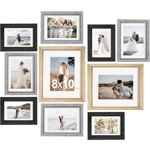 Picture Frames Set of 10, Picture Frames Collage Wall Decor with 8x10 5x7 4x6 Frames in 3 Different Finishes (Wood&Gray&Black)