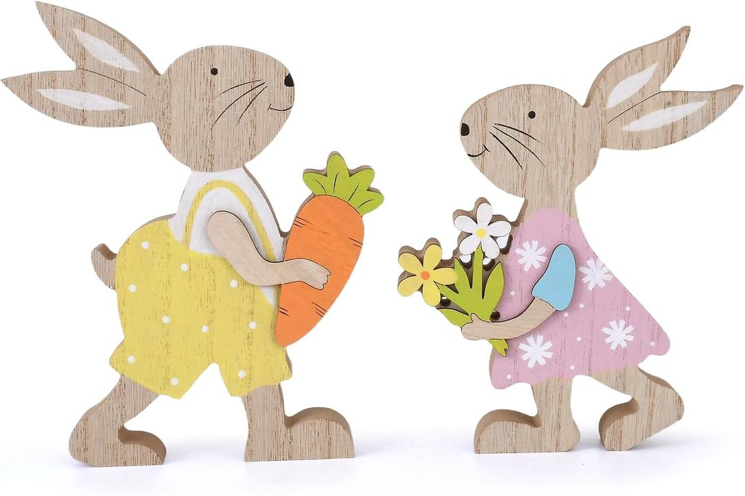 2 x WellSign 2Pcs Easter Bunny Table Wooden Sign Decorations for Home, Farmhouse Rustic Wood Rabbit Tiered Tray Decor for Tabletop Shelf Mantel Happy Spring Party Outdoor Indoor, Easter Gifts for Kids