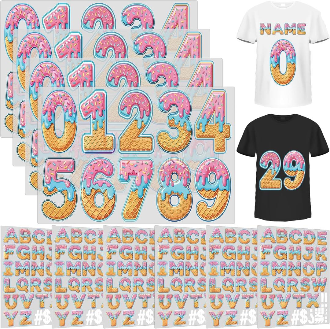 Zhanmai 10 Sheets 280 Pcs 1.65 Inch A-z Heat Transfer Letters 8 Inch 0 to 9 Iron on Numbers Iron on Letters and Numbers for Team Sport T Shirt DIY (Baseball Ice Cream Drip)