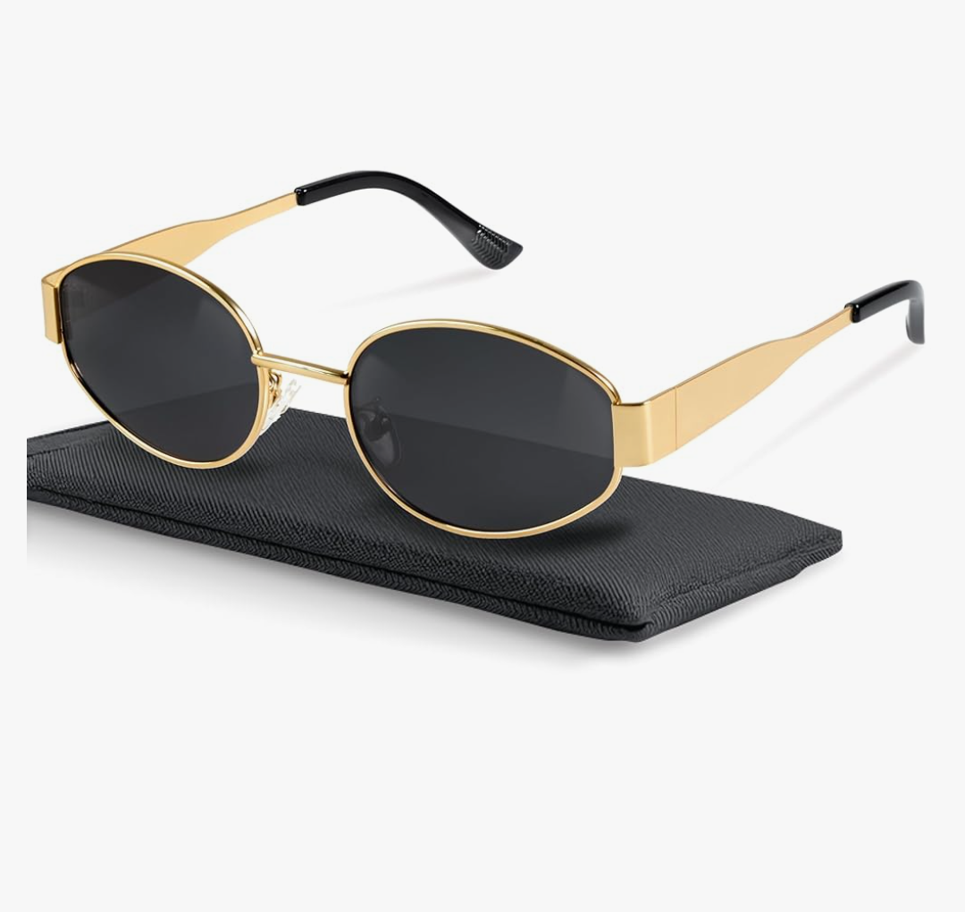livho Retro Polarized Sunglasses - UV400 Protection, Oval Shape, Metal Frames - Matching Soft Case Inlcuded