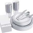 FOCUSLINE 175 Ct Silver Dinnerware Set for 25 Guests, Plastic Plates with Silver Lace Rim Design, Including 25 Disposable Dinner & Dessert Plates, Cups, Napkins, Cutlery Set