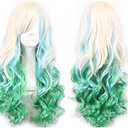 WeeH Women Wigs Long Hair Heat Resistant Spiral Curly Cosplay Wig Fashion Wavy Costume Daily Party (bule green gold)