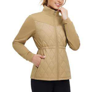 baleaf Women's Quilted Jackets Golf Winter Lightweight Warm Stand Collar Water Resistant Puffer Jacket 4 Pockets (Beige, XL)