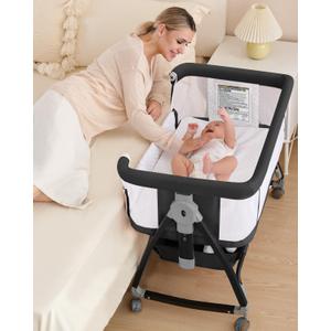 3 in 1 Baby Bassine Crib with Breathable Mesh, Bassinet Bedside Sleeper with Wheels, Mosquito Net, Storage Basket, 6 Height Adjustable, Easy to Fold, Rocking Bassinet for Baby, Black