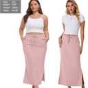 Lepunuo Casual Maxi Skirts for Womens High Waist Trendy Drawstring Side Slit Skirts with Pockets (Pink, M)
