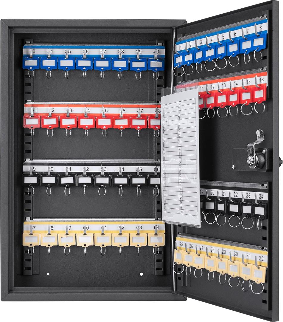 Barska 64 Position Key Lock Box Wall Mount Steel Key Cabinet with Adjustable Numbered Hooks, Index Log, Colored Key Tags for Home or Office