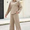 AGSEEM Lounge Sets for Women, Women's 2 Piece Outfits Long Sleeve 1/4 Zip Pullover Cropped Pants 2PC Outfit Comfy Sweatsuits (Khaki), Large
