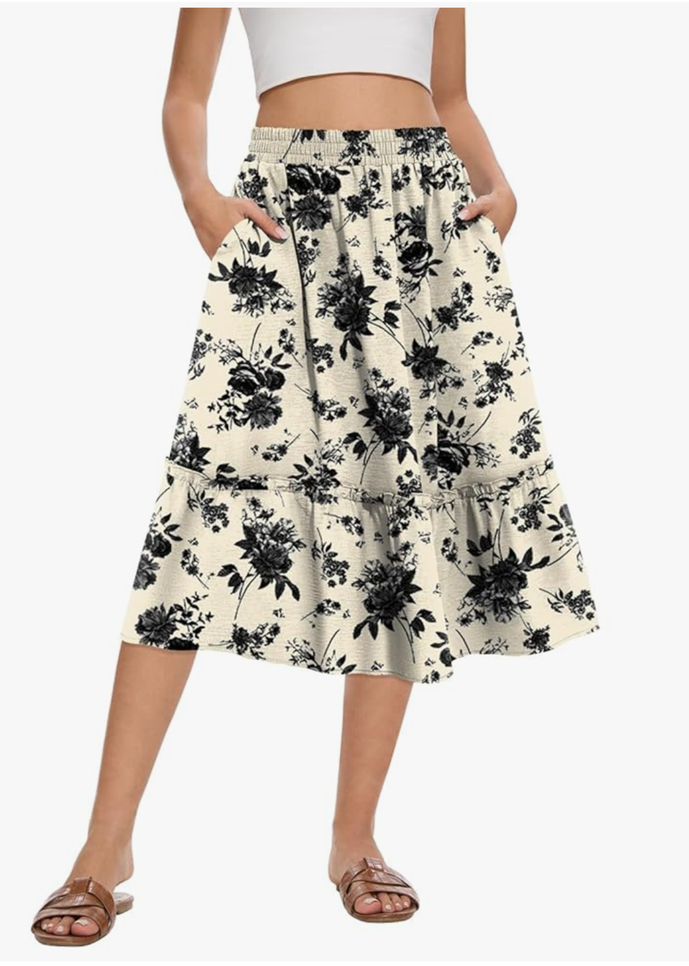 Women's High Waist Midi Skirts Summer Flowy Tiered Skirt with Pockets