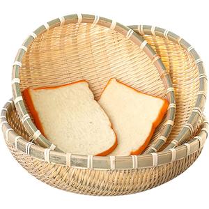 Cedilis 3 Pack Bamboo Basket Tray, Wicker Bread Basket, 100% Natural Handmade Woven Fruit Basket, U Shape Holder Flat Shallow Vegetables Serving Basket, Stackable, 10Inch, 11Inch, 12Inch