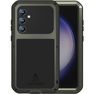 LOVE MEI Military Rugged Case for Samsung Galaxy S23 Fe, with Tempered Glass Screen Protector, Shockproof Dustproof Scratch Proof Hybrid Metal and Silicone Gel Heavy Duty Full Body Cover Green