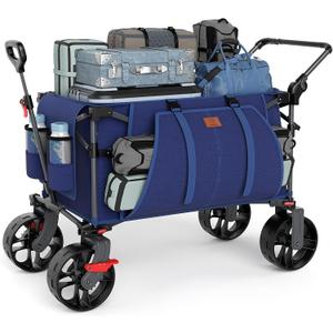 EVER ADVANCED Folding Push Wagon with Brakes, Portable Shopping Cart, Without Canopy, Blue
