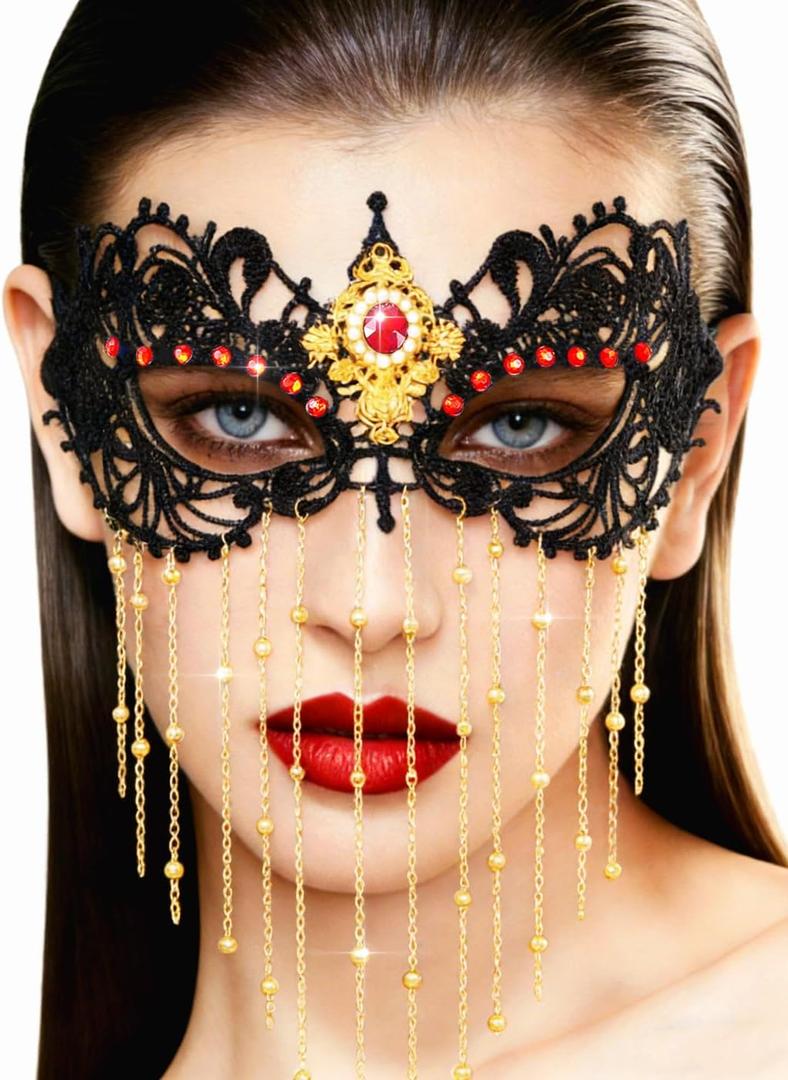 Tgirls Rhinestone Masquerade Lace Mask Women Tassel Beaded Costume Eye Masks for Party (Red)