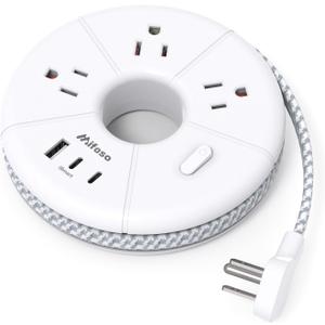 Flat Extension Cord, 5FT USB C Power Strip, Travel Power Strip - 3 AC 3 USB Ports (2 USB C) Desktop Charging Station, No Surge Protection for Cruise Ship Essentials, Dorm Room, Nightstand, Travel