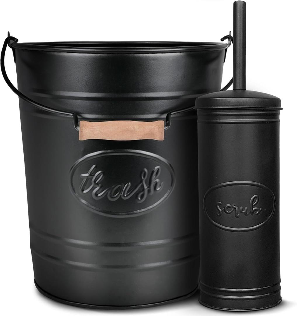 Autumn Alley Farmhouse Bathroom Trash Can and Toilet Brush Set - Rustic Farmhouse Bathroom Accessories for Charming Bathroom Dcor, Black