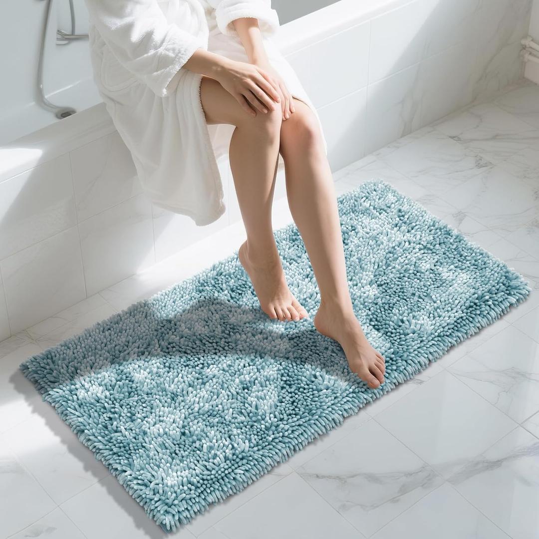 Yimobra Long Bathroom Rug Non Slip 44x24 Inch, Extra Thick Soft Absorbent Chenille Bath Mat, Machine Washable Bath Rugs for Bathroom Floor, Tub and Shower, Home Decor Accessories, Greyish Blue