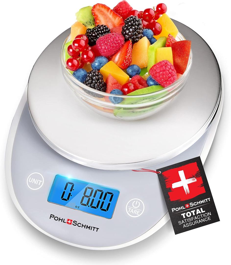 Pohl Schmitt Digital Food Kitchen Scale, Batteries Included, Multifunctional Weight Measuring Device in Grams/Ounces, Auto Shut-Off, Stainless Steel, Silver