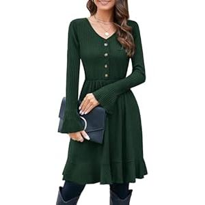 ULTRANICE Women's Sweater Dress Fall Long Bell Sleeve V Neck Button Casual Flared Winter Dresses(Green, M)