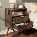 Leomonio Nightstand, Modern Night Stand with 2 Storage Drawer and Opening Storage, Fluted Bedside Table with Solid Wood Legs for Bedroom