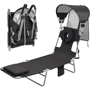 Backpack Beach Tanning Lounge Chair with Canopy Shade Face Hole Padded Adjustable Washable, 6 Position Layout Chair for Outside Sunbathing Poolside Lawn, UPF 50+ Wind-Resistant Sun Shade, Patented