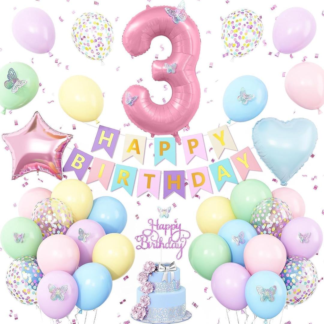 3rd Birthday Decoration for Girls,Easter Pastel Rainbow Macaron 3rd Birthday Balloon Number 3 Balloon Butterfly Stickers Star Heart Foil Balloons Banner Party Decoration for 3 Year Old