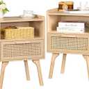 Lerliuo Rattan Nightstands Set of 2, Boho Side Table with Drawer Open Shelf, Cane Accent Bedside End Table with Solid Wood Legs for Bedroom, Dorm and Small Spaces (Natural)