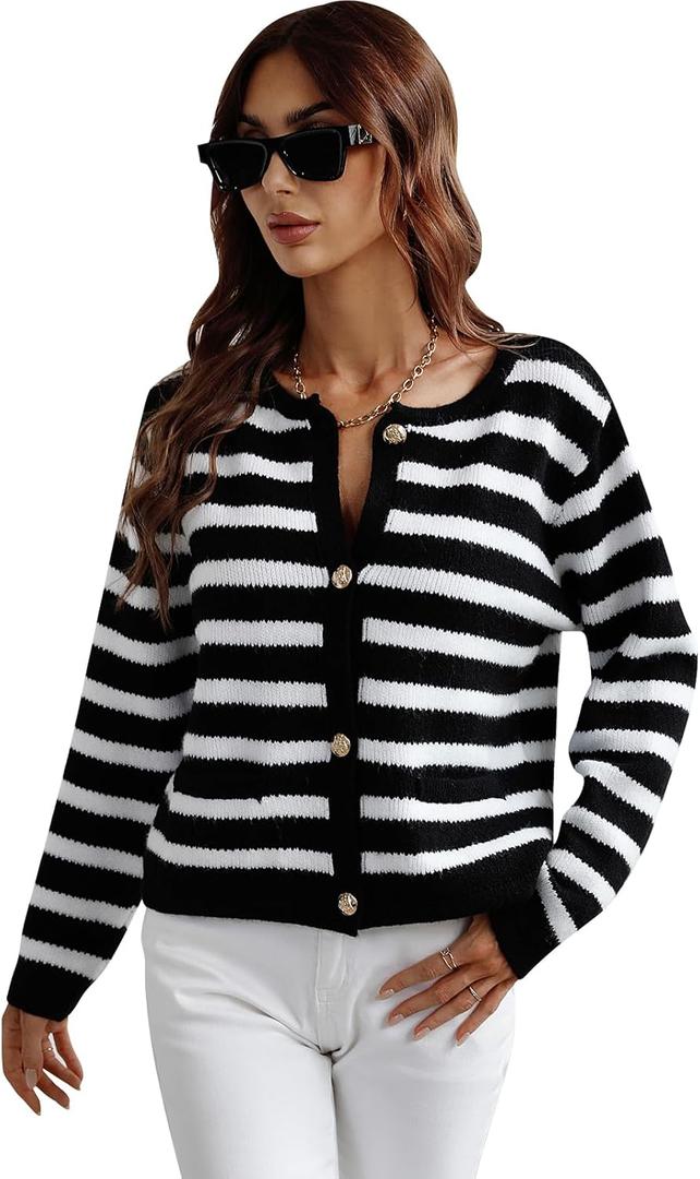 Women's Button Striped Knitted Cardigan Long Sleeve Sweater Fall Clothes Autumn and Winter Clothes (Black), Small