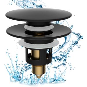 Hibbent All Metal 2 in 1 Bathroom Sink Stopper, Universal Pop Up Drain Strainer, Brass Bullet Core Push Type Sink Stopper for 1.1''~2.3'' Basin, Big Push Button, Anti Clogging Filter, Matte Black