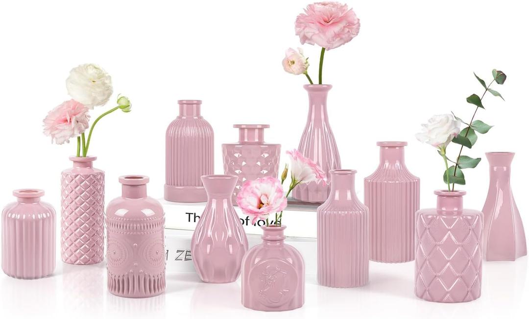 TBWIND Blush Pink Glass Bud Vase Set of 12 Mini Vintage Vases for Flowers, Centerpieces, Wedding & Home Dcor