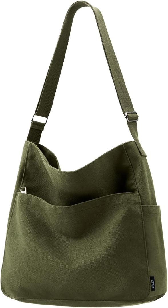 KALIDI Canvas Tote Bag Large Hobo Crossbody Shoulder Handbag Zipper Messenger Bag for Women or Men Casual College Work (Army Green)