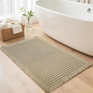 Waffle Bathroom Rugs, Super Absorbent Boho Bath Mats, Non-Slip Shower Mats for Bathroom Floor and Tub, Ultra Soft Waffle Weave Runner Mat, Quick Dry, Brown, 24x36 Inch