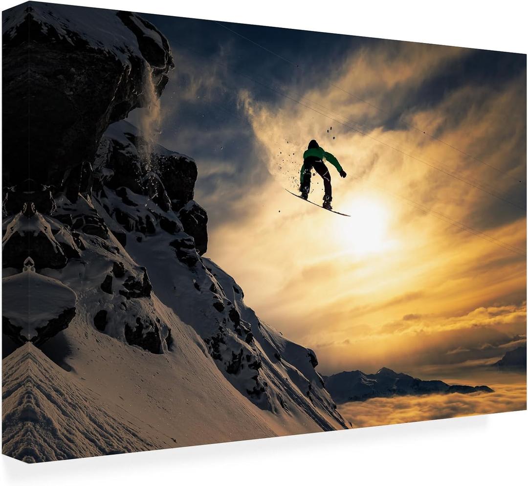 Wrapped Canvas Wall Art - Jakob Sanne 'Sunset Snowboarding' Wall Art for Living Room, Bedroom, or Office Décor - 22x32