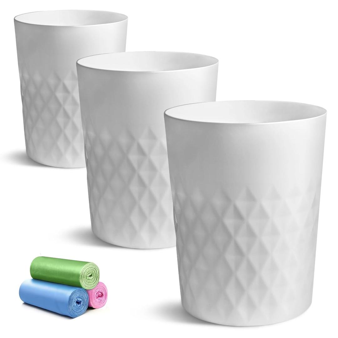 YGJT Small Trash Can, 3 Pack 1.8 Gallons Bathroom Trash Can, Slim Waste Basket, Round Garbage Can, Plastic Trash Bin for Kitchen, Dorm, Bedroom, Office, Living Room, Study, Compact Spaces(White W)