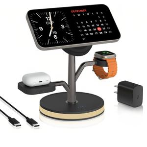 3 in 1 Charging Station for Apple Devices, Fast Charging Magsafe Charger Stand with LED Light and 20W PD Adapter, Wireless Nightstand Charger for iPhone17/16/15/14/13/12 Series,AirPods,iWatch and More