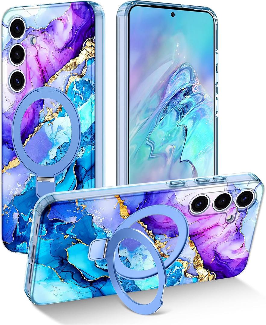 Magnetic for Samsung Galaxy S25 Plus Case with Invisible Ring Stand [Compatible with MagSafe], Full Body Rugged Slim Women Men Girl Shockproof Marble Pattern Design Case,Purple/Blue