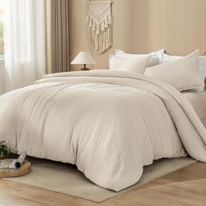 PHF Cotton Muslin Comforter Set Queen  100% Cotton Cover, Ultra Soft & Breathable, 3PCS Lightweight All-Season Bedding with Polyester Fill, 1 Comforter 90"x90" & 2 Pillow Shams 20"x26", Natural