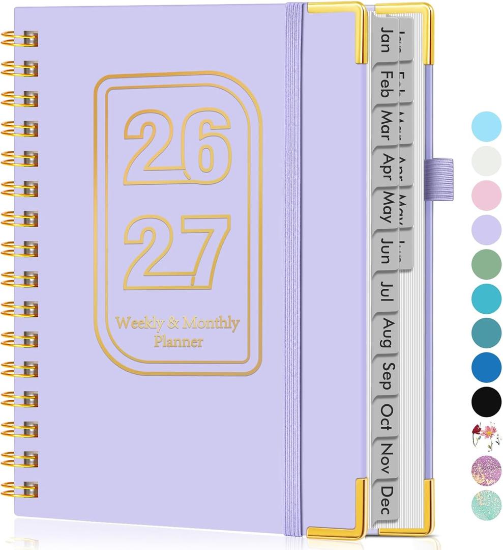 Planner 2026-2027, 18 Months Weekly and Monthly Hardcover Planner, January 2026 - June 2027, 5.75" x 8.38" A5 Daily Calendar Planner Book with Tabs, Spiral Yearly Agenda Organizer Notebook for School Work Home, Purple