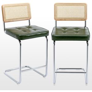 Zesthouse Natural Rattan Bar Stools Set of 2, Modern Counter Height Stools with Solid Wood Back, 26'' Counter Height Chairs, Mid Century Cantilevered Bar Chairs for Kitchen Island, Faux Leather Green