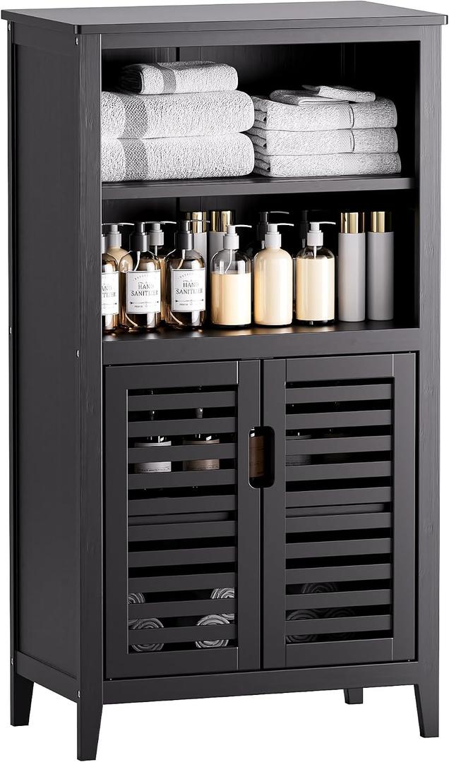 HITNET Black Bathroom Storage Cabinet, Freestanding Bamboo Floor Cabinet 5 Tier Tall Kitchen Cupboard with Door and Removable Shelves, Large