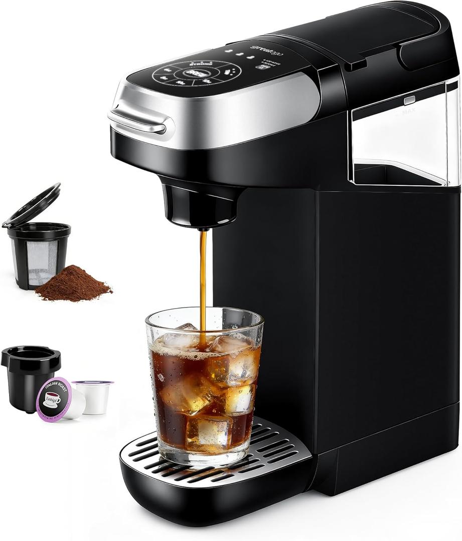 Small Single Serve Coffee Maker for K Cup and Ground Coffee, Fast Brew One Cup Coffee, 6 to 12 oz. Brew Sizes, Machine with Descaling Reminder and Water Window, Black